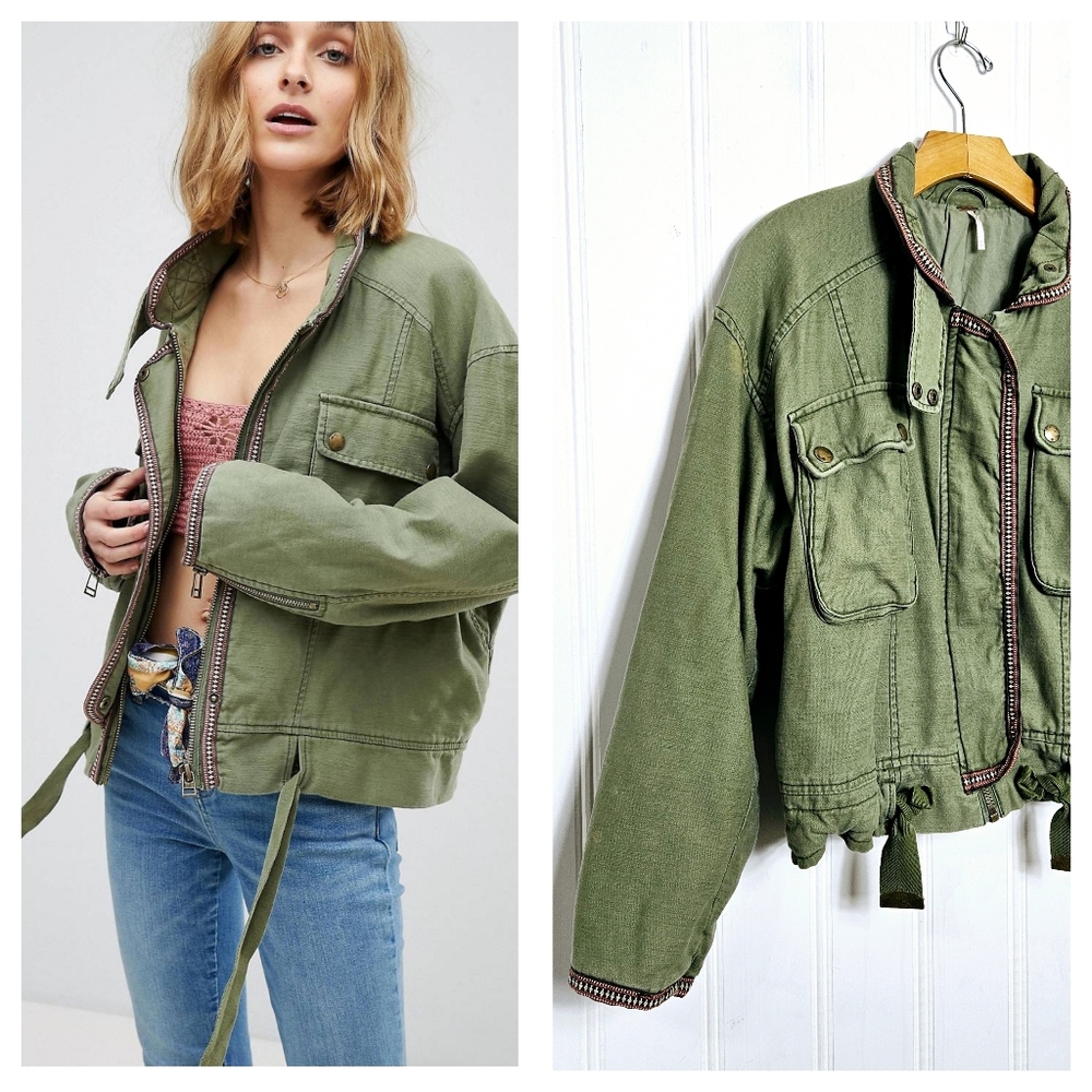 Free People Bomber Jacket XS Flight Line Utility Cargo Oversized Army Moss Green